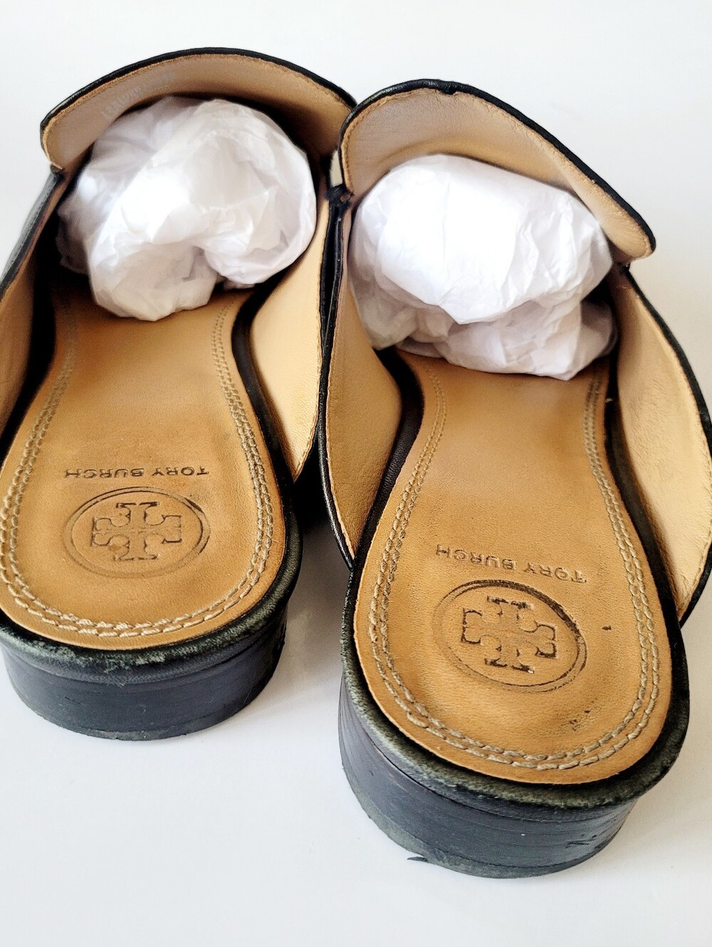 Tory Burch Amelia Calfskin Leather Backless Loafers Gold Logo Hardware Black 9.5 - Picture 10 of 16